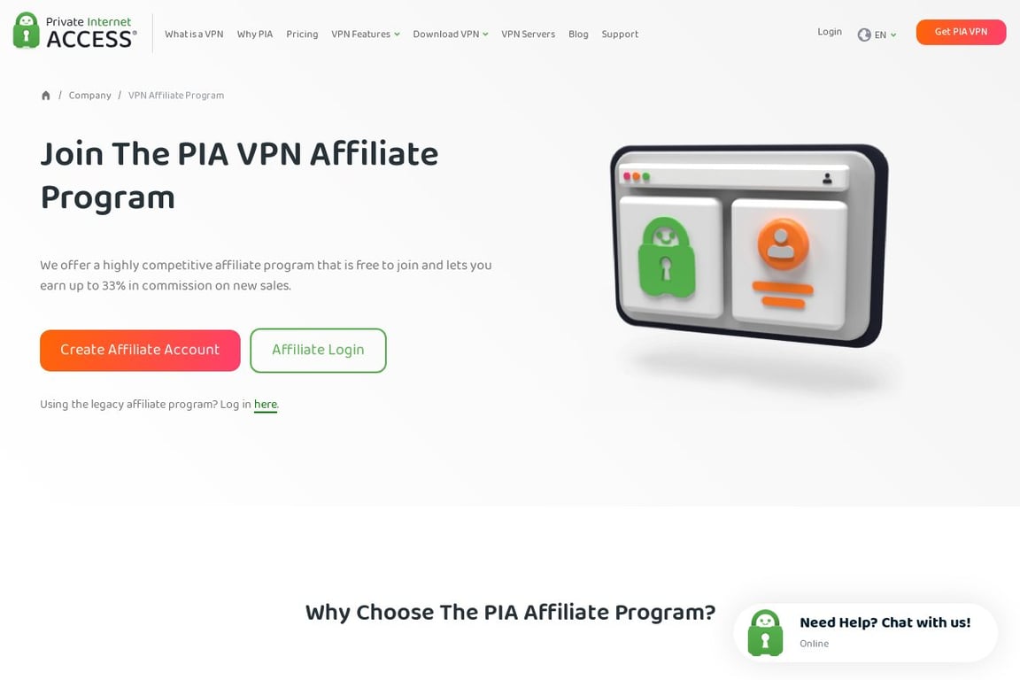 Private Internet Access affiliate program signup page