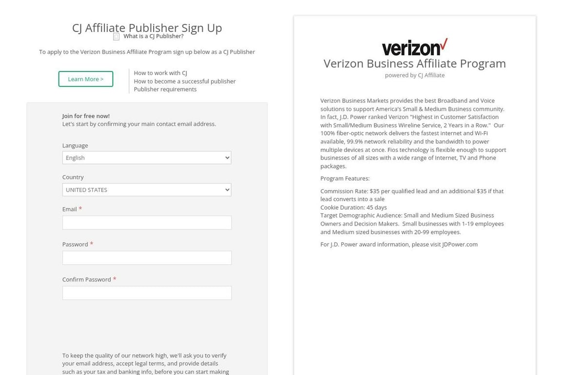 Verizon Business affiliate program signup page