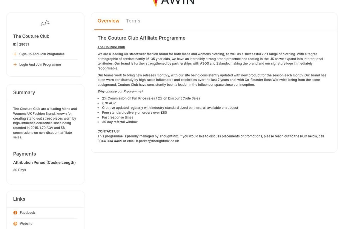 The Couture Club UK affiliate program signup page