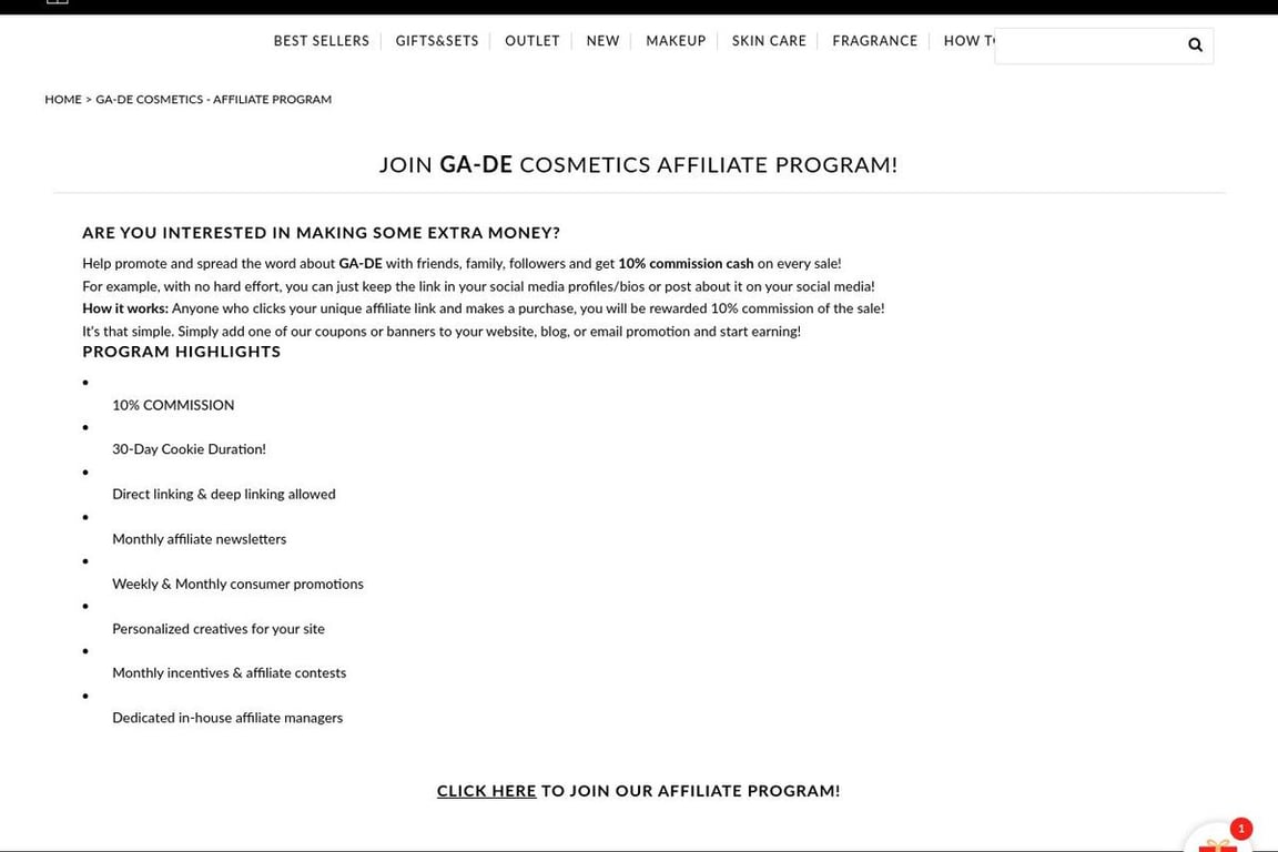 GA-DE Cosmetics affiliate program signup page
