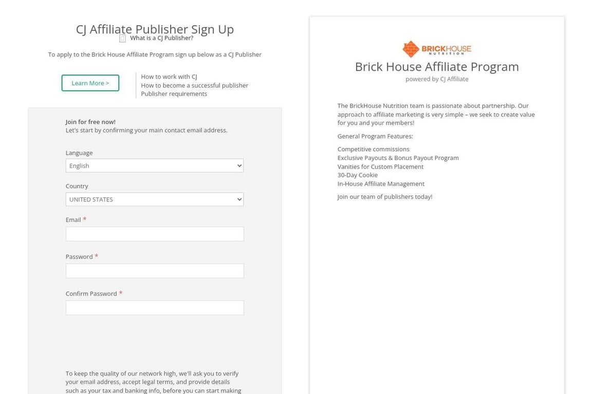 Brick House affiliate program signup page