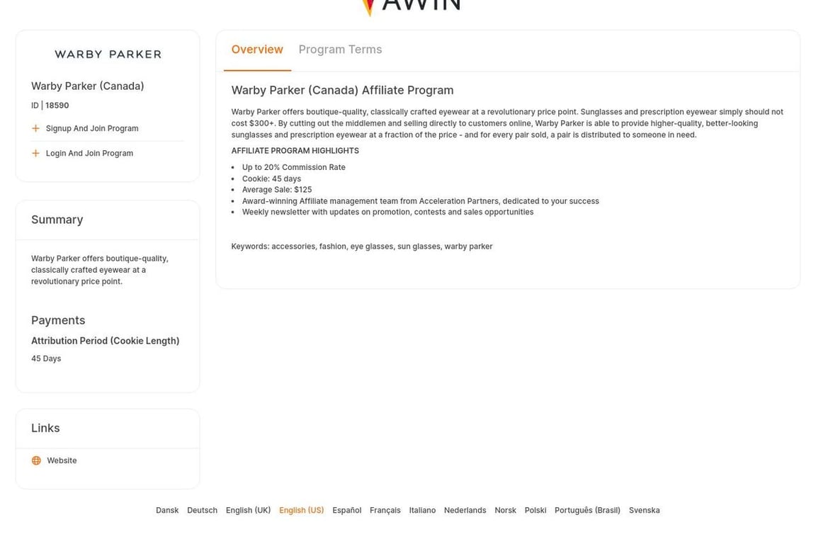 Warby Parker (Canada) affiliate program signup page