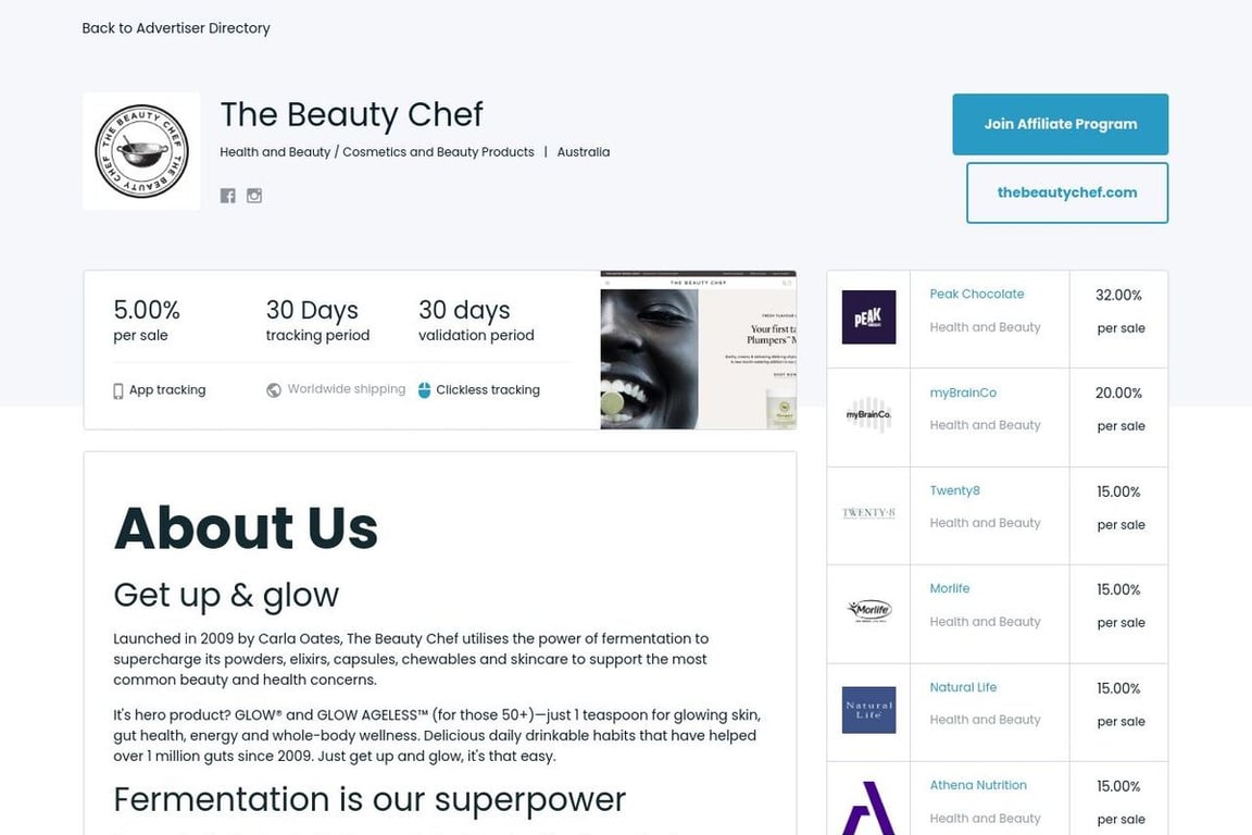 The Beauty Chef affiliate program signup page