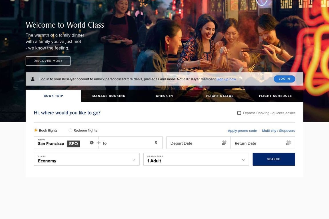 Singapore Airlines homepage