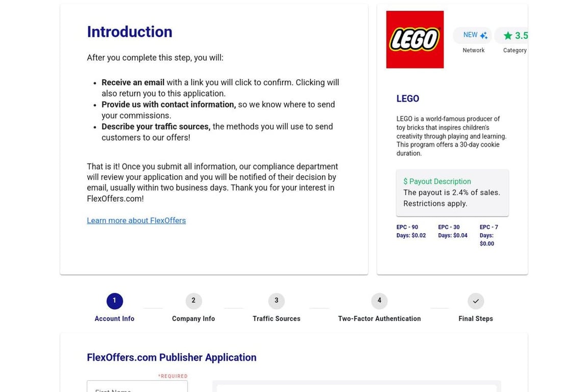 Lego affiliate program signup page
