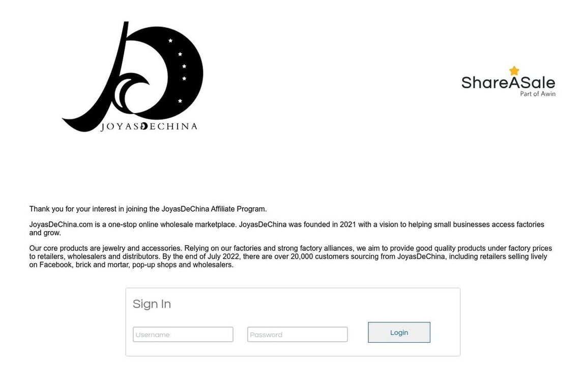 Joyasdechina affiliate program signup page