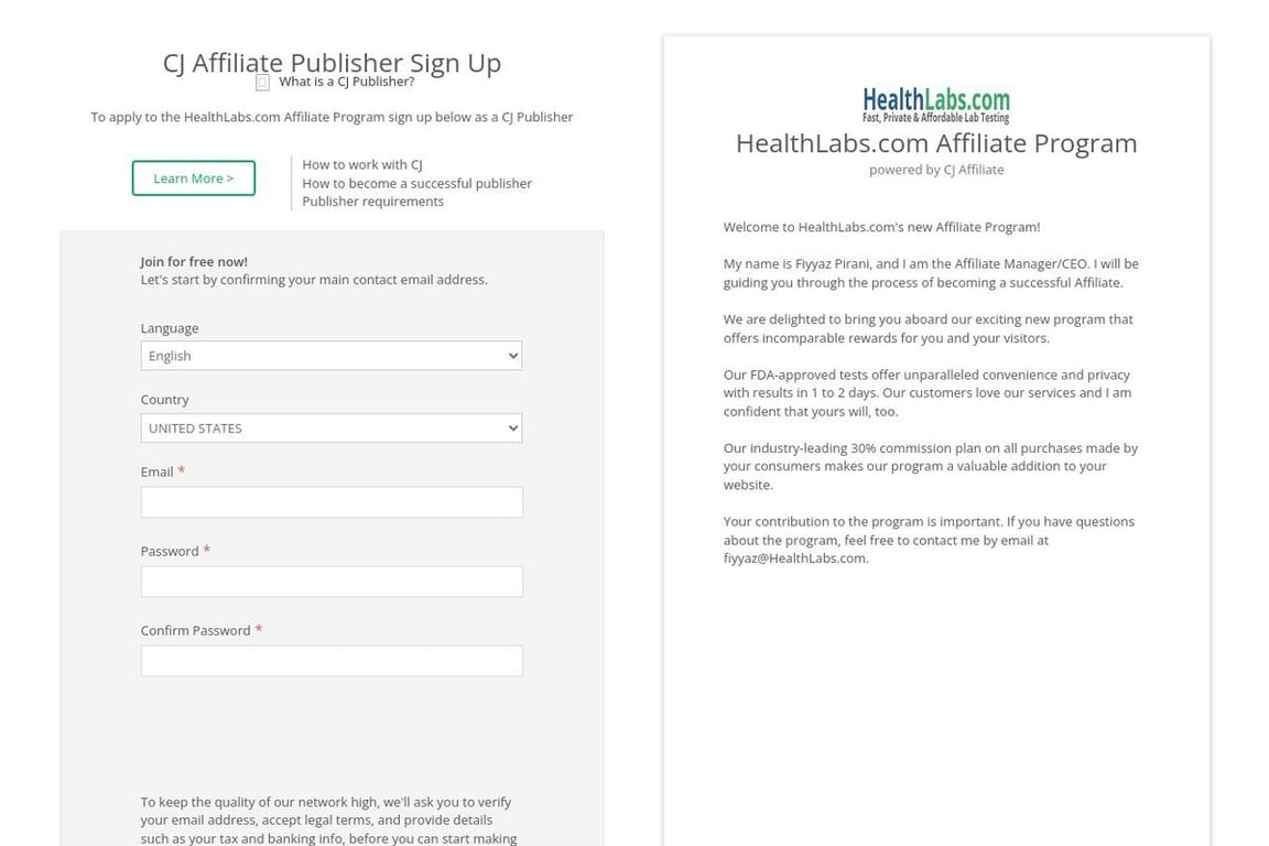 HealthLabs.com affiliate program signup page
