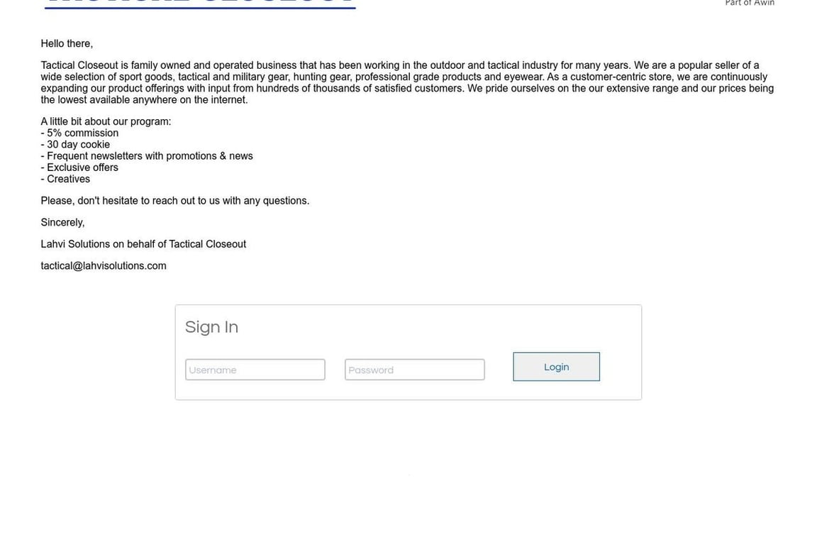 Tactical Closeout affiliate program signup page