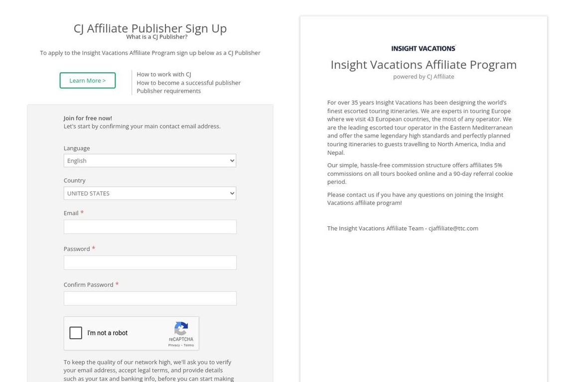 Insight Vacations UK affiliate program signup page