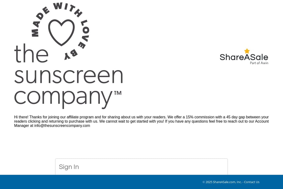 The Sunscreen Company affiliate program signup page