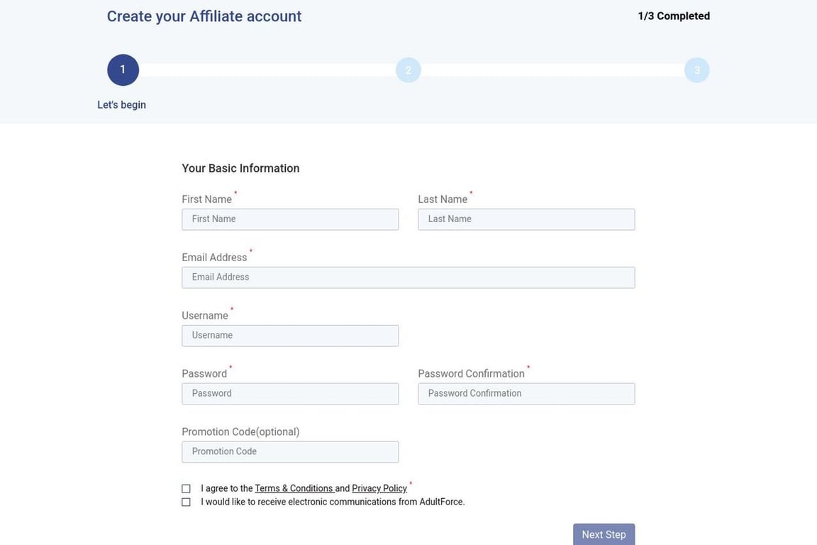 AdultForce affiliate program signup page
