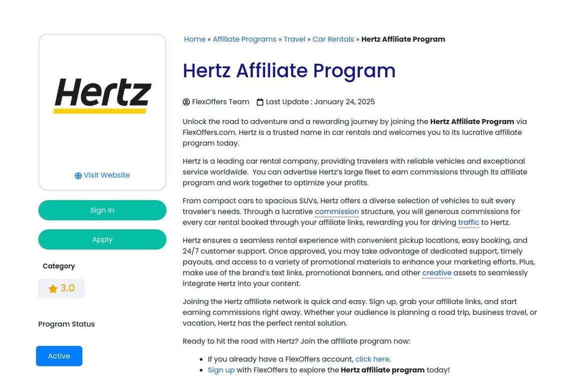 Hertz affiliate program signup page
