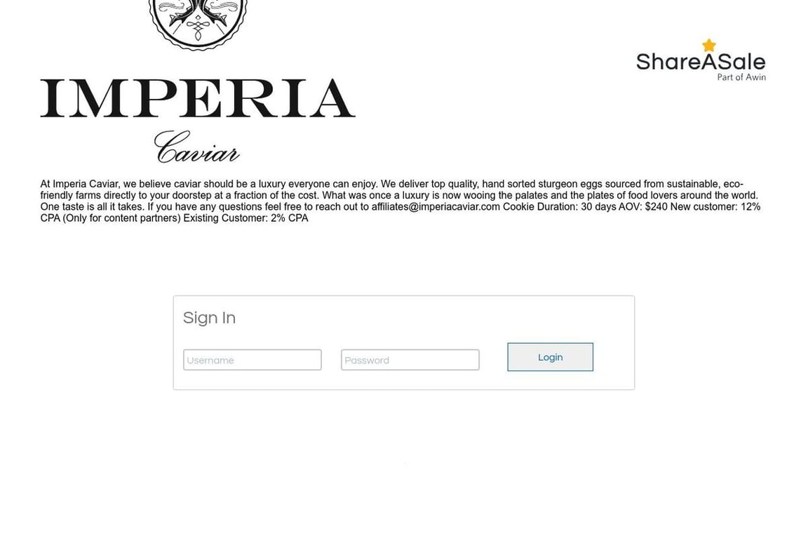 Imperia Caviar affiliate program signup page