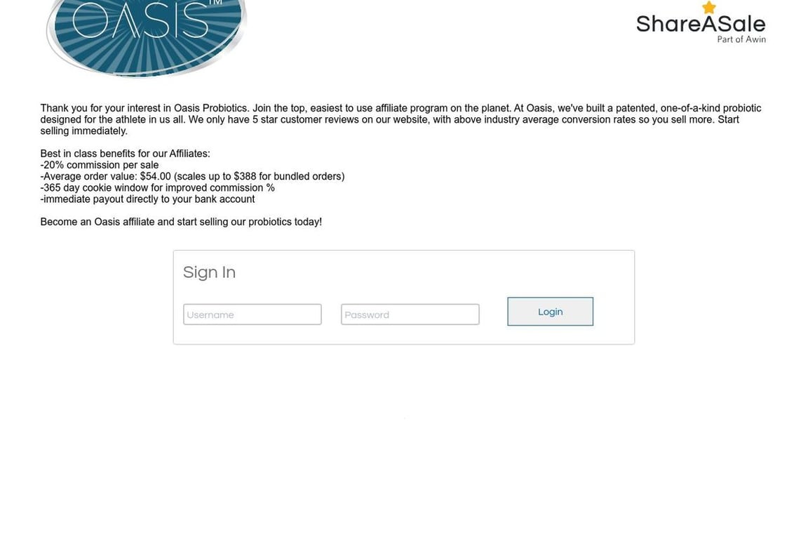 Oasis Probiotics affiliate program signup page