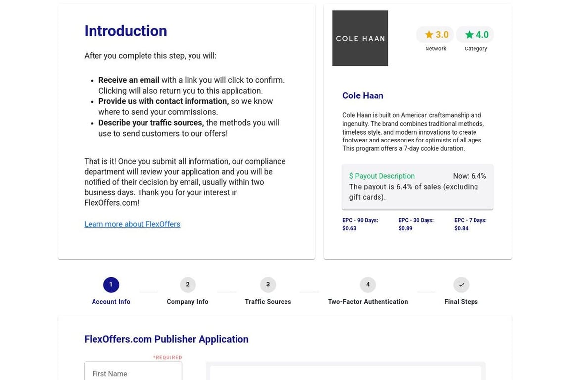 Cole Haan affiliate program signup page