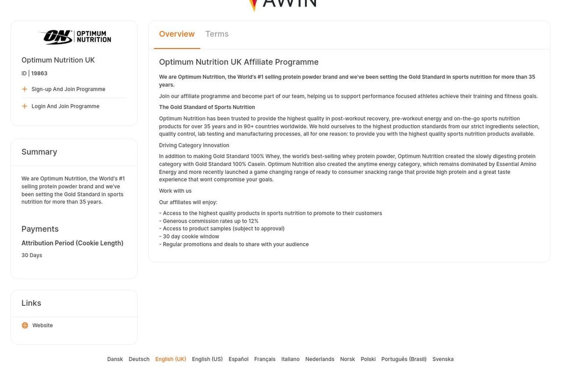 Optimum Nutrition UK affiliate program signup page