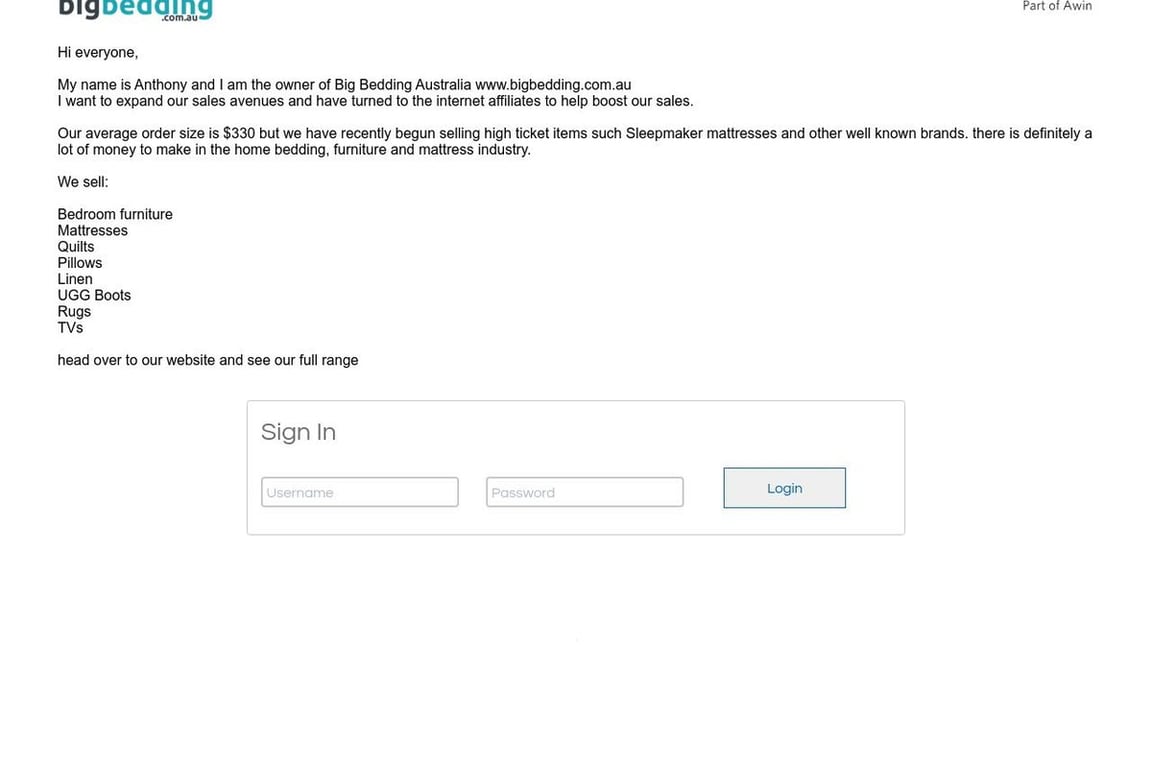 Big Bedding Australia affiliate program signup page