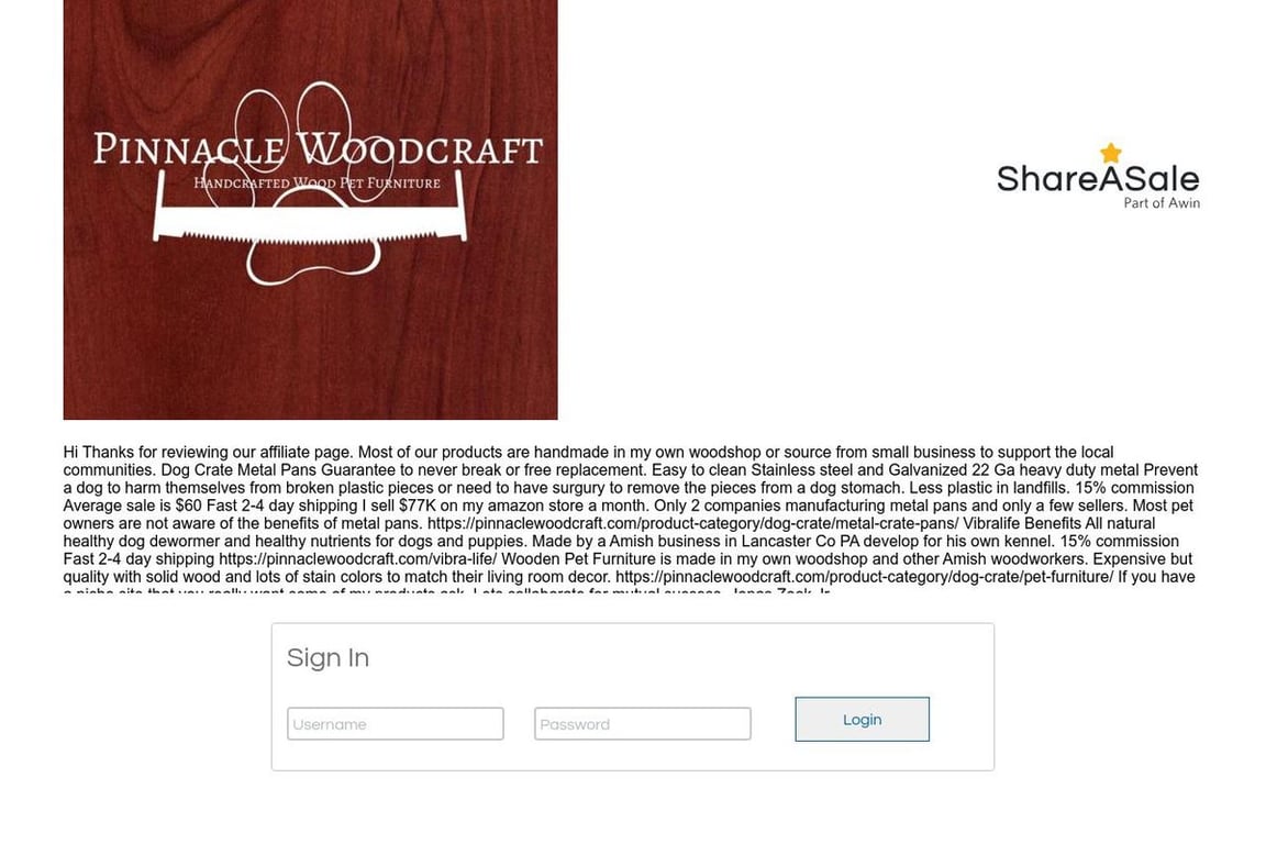 Pinnacle Woodcraft affiliate program signup page