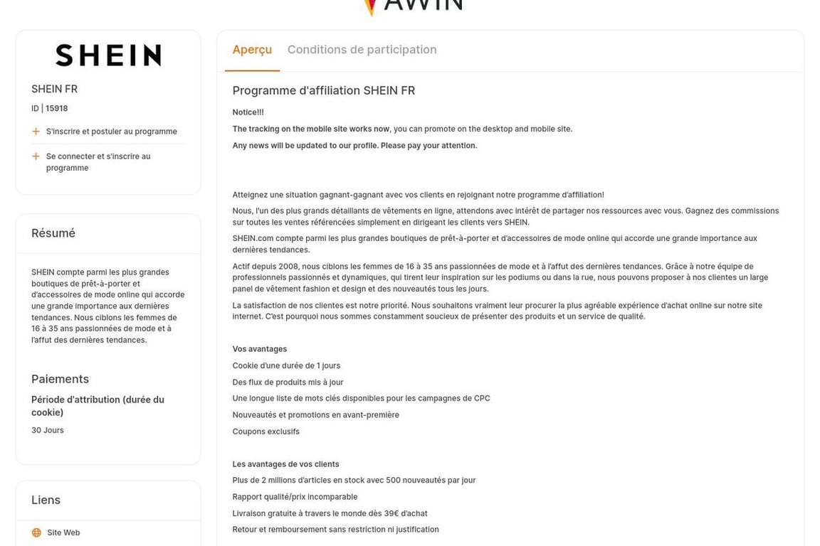 SHEIN FR affiliate program signup page