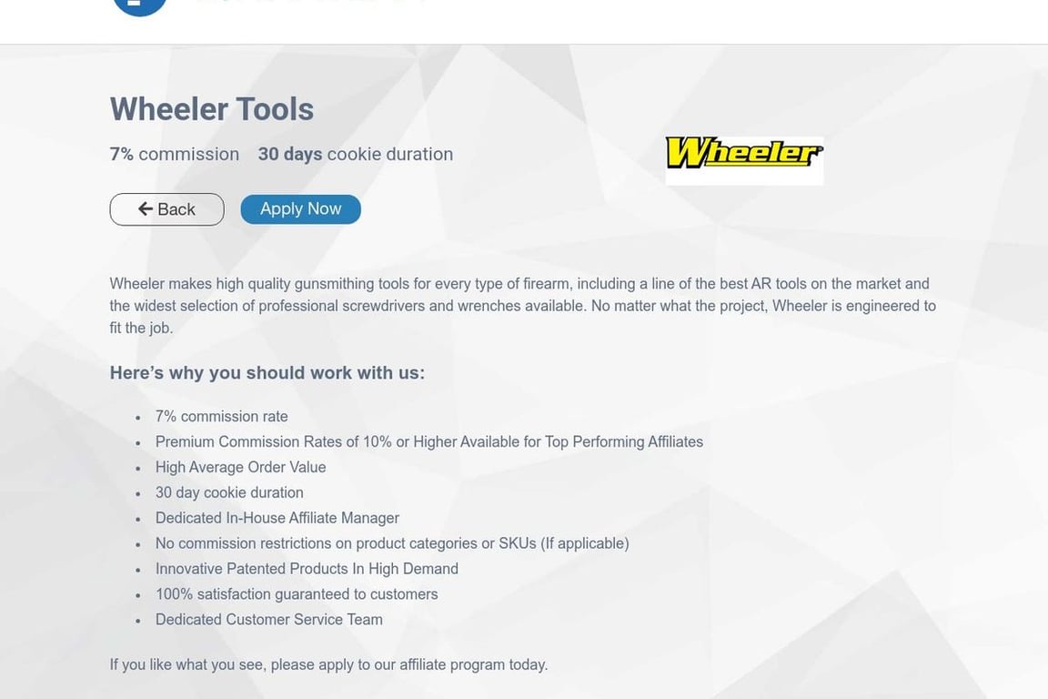 Wheeler Tools affiliate program signup page
