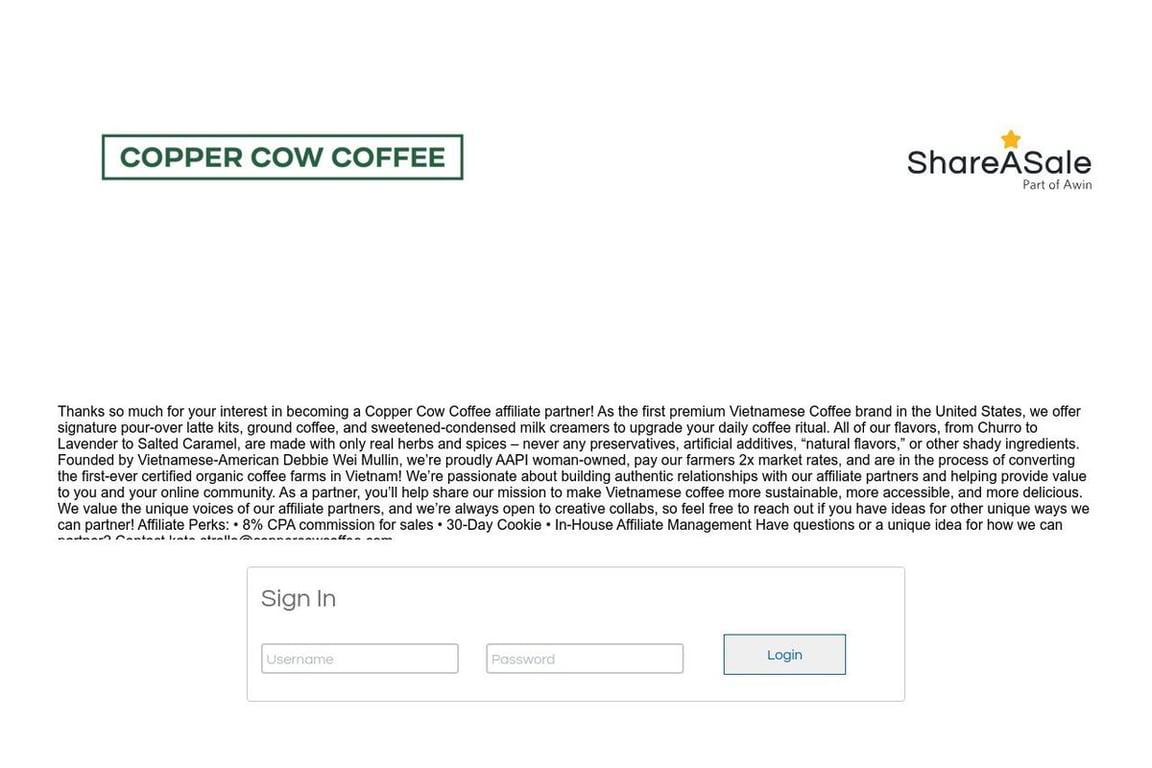 Copper Cow Coffee affiliate program signup page