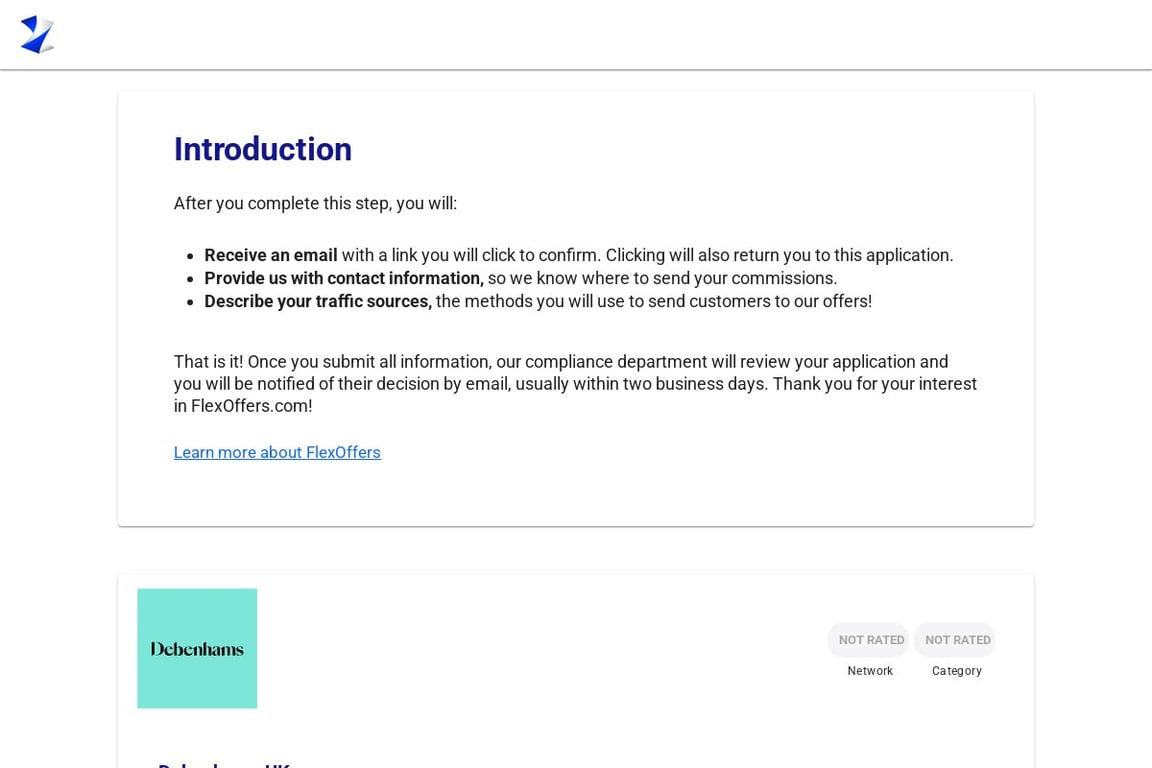 Debenhams UK affiliate program signup page