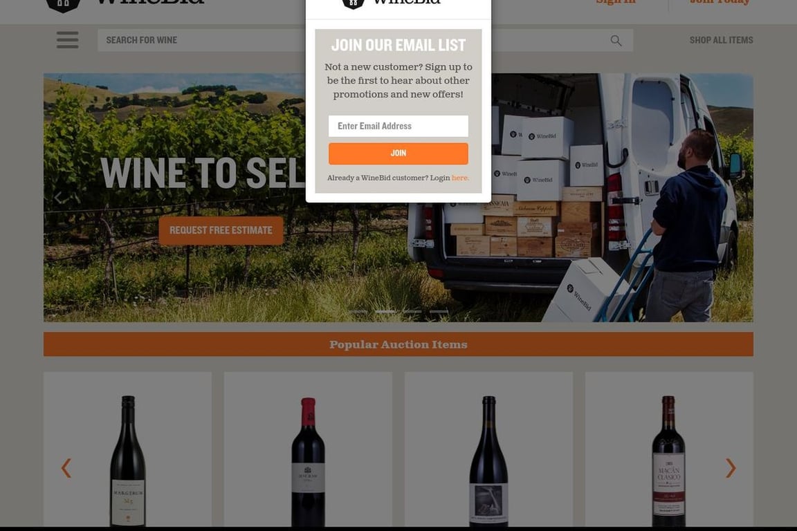 WineBid homepage