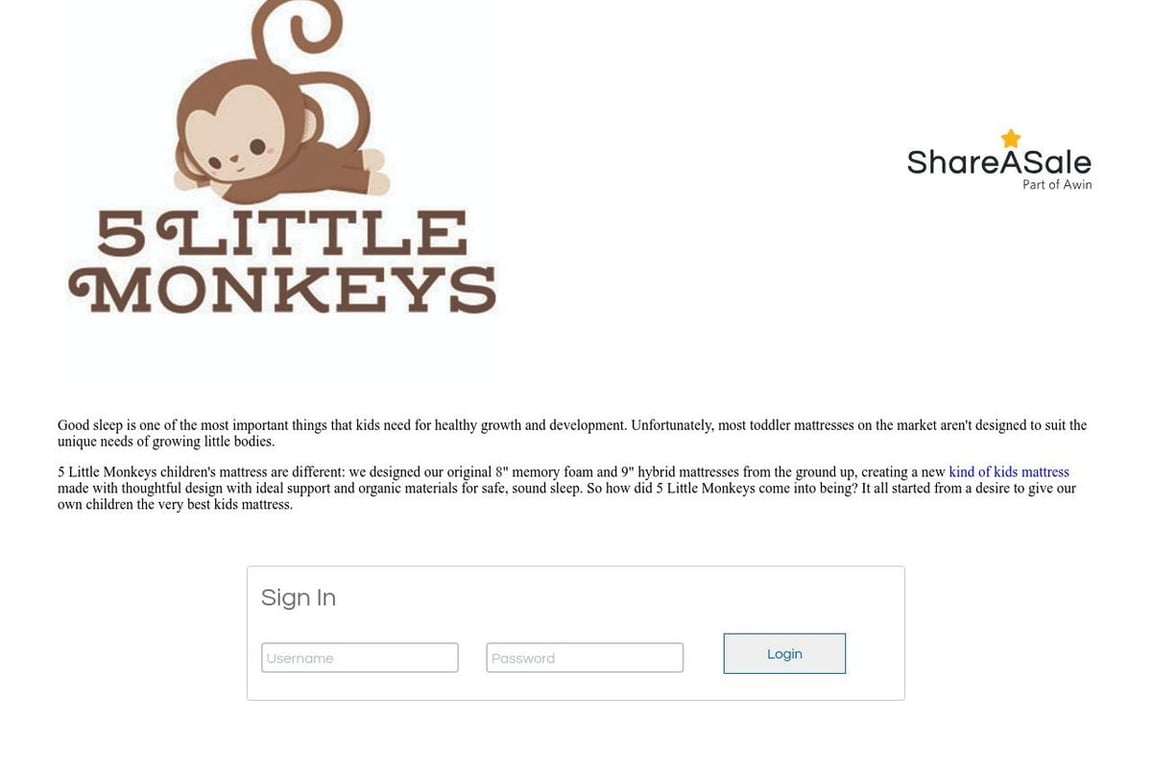 5 Little Monkeys Bedding, Inc. affiliate program signup page