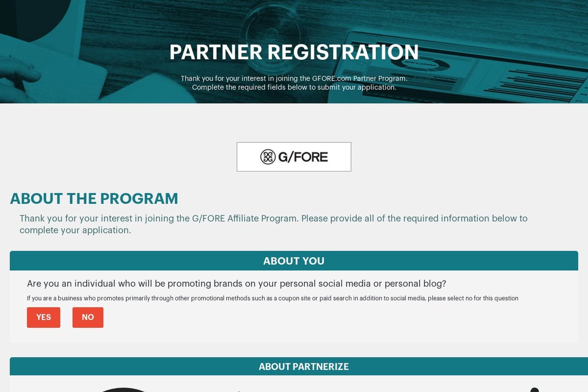 G/FORE affiliate program signup page