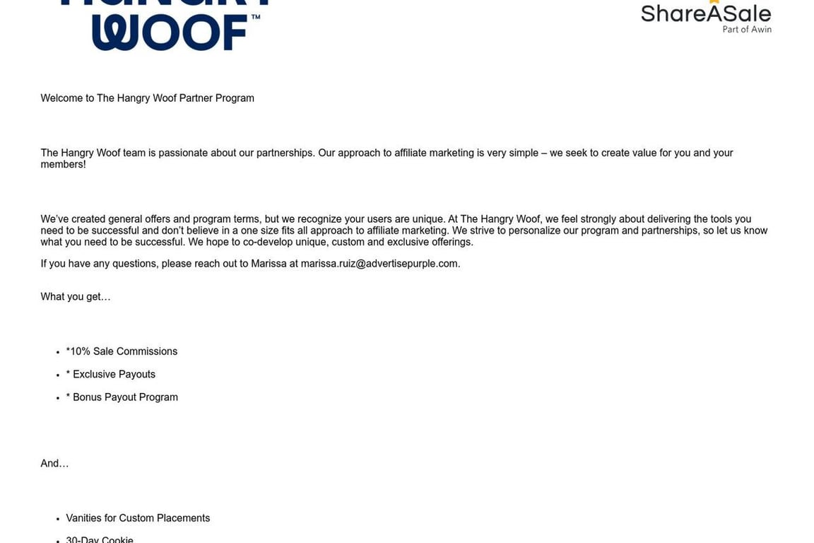 The Hangry Woof affiliate program signup page