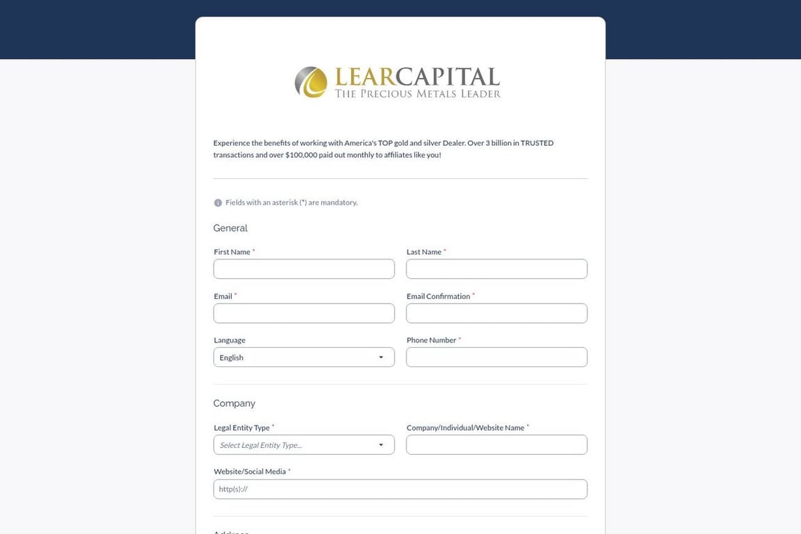 Lear Capital affiliate program signup page