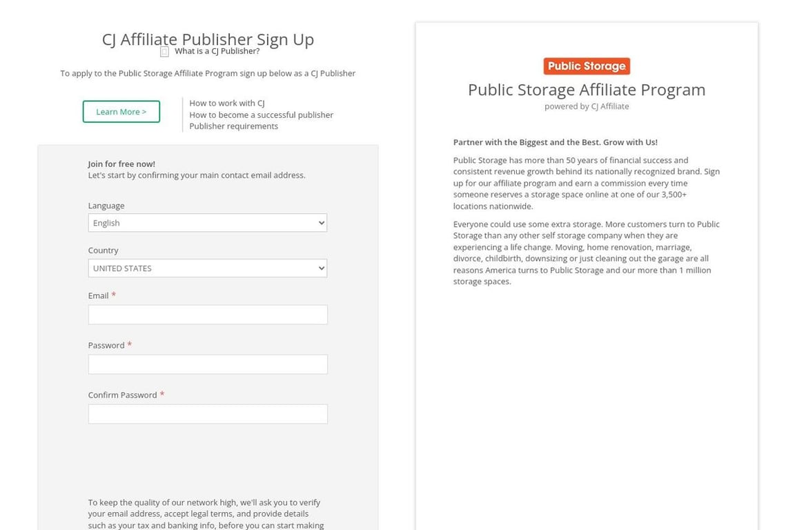 Public Storage affiliate program signup page