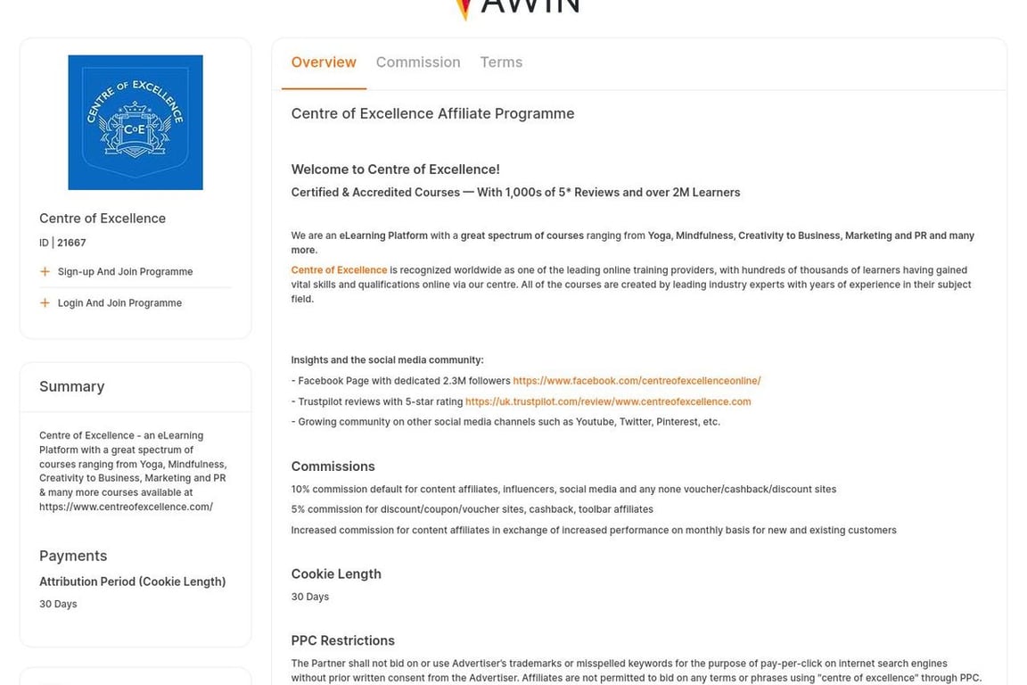 Centre of Excellence affiliate program signup page