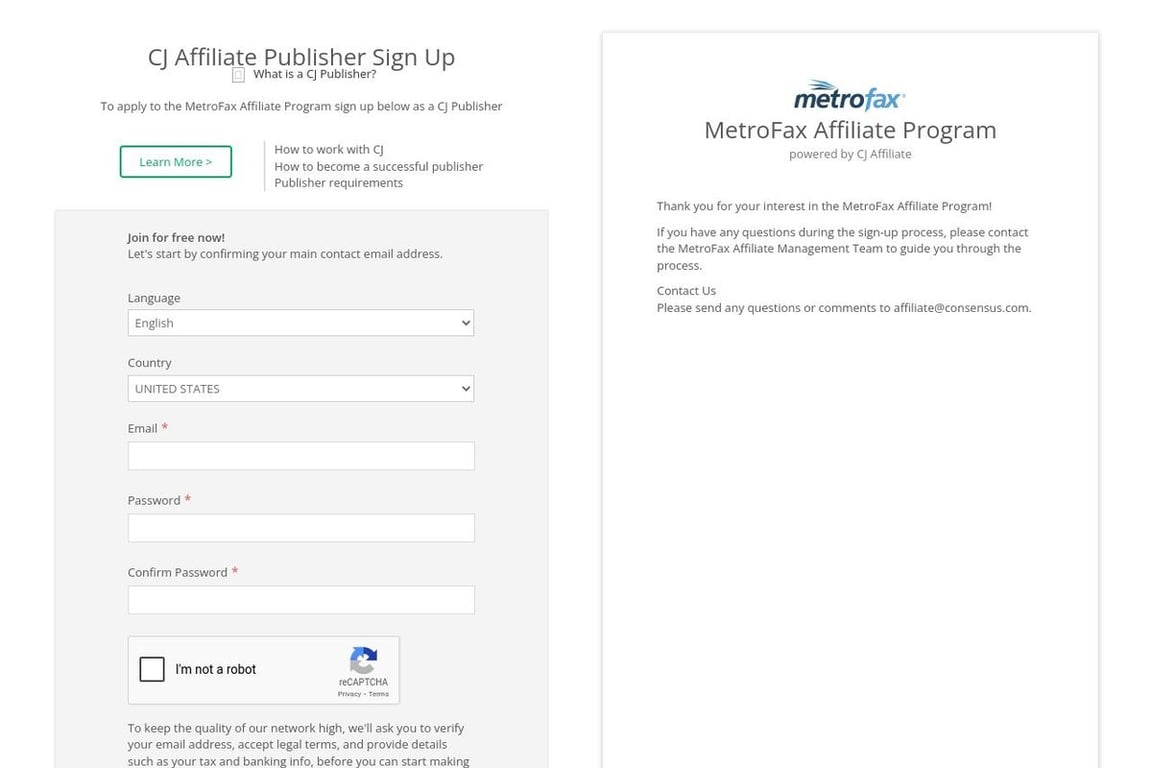 MetroFax affiliate program signup page