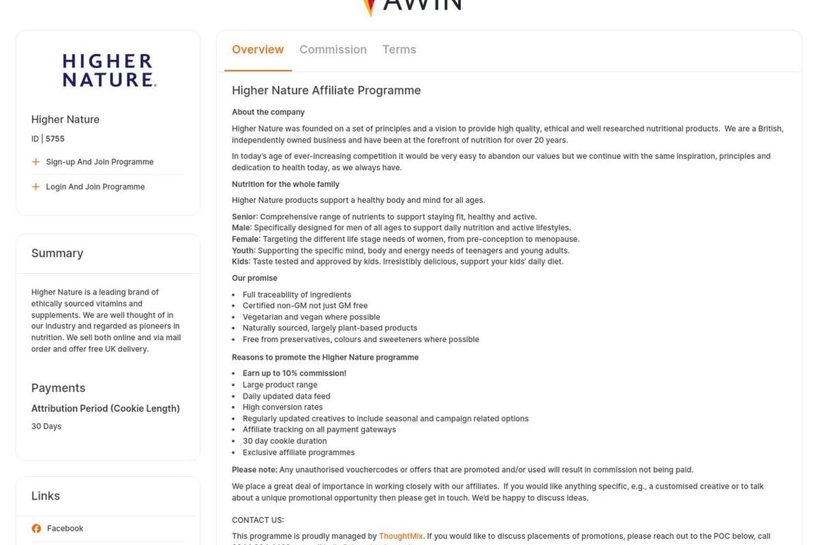Higher Nature affiliate program signup page