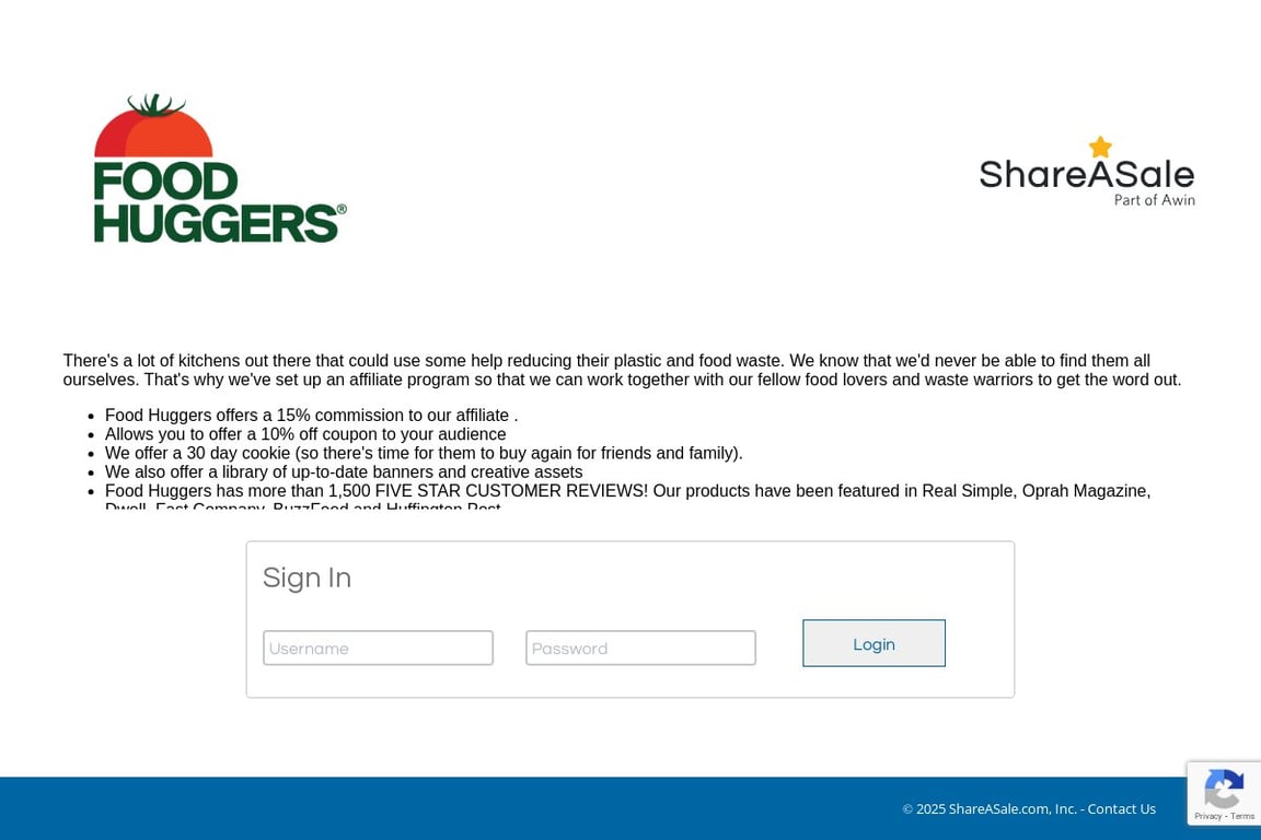 Food Huggers affiliate program signup page
