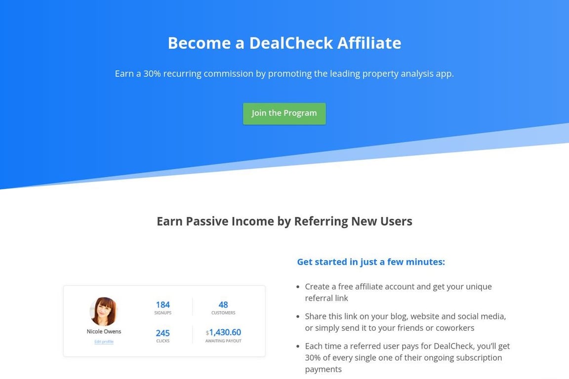 DealCheck affiliate program signup page