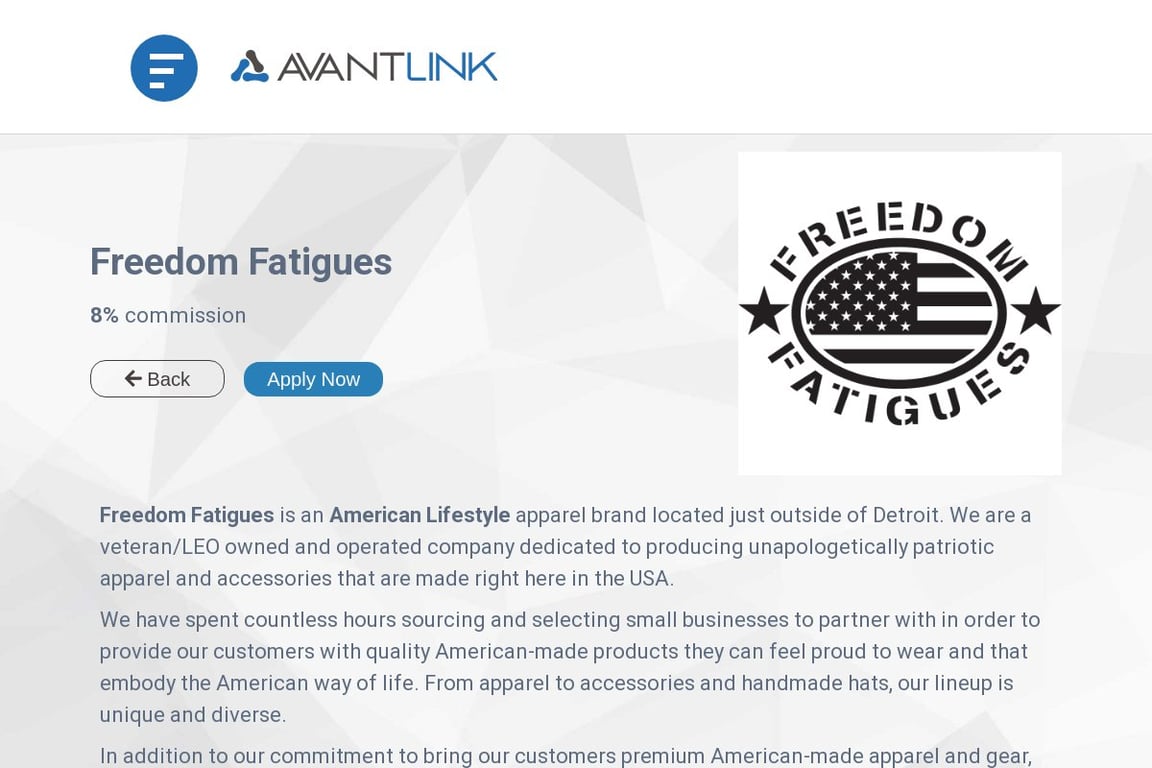 Freedom Fatigues affiliate program signup page