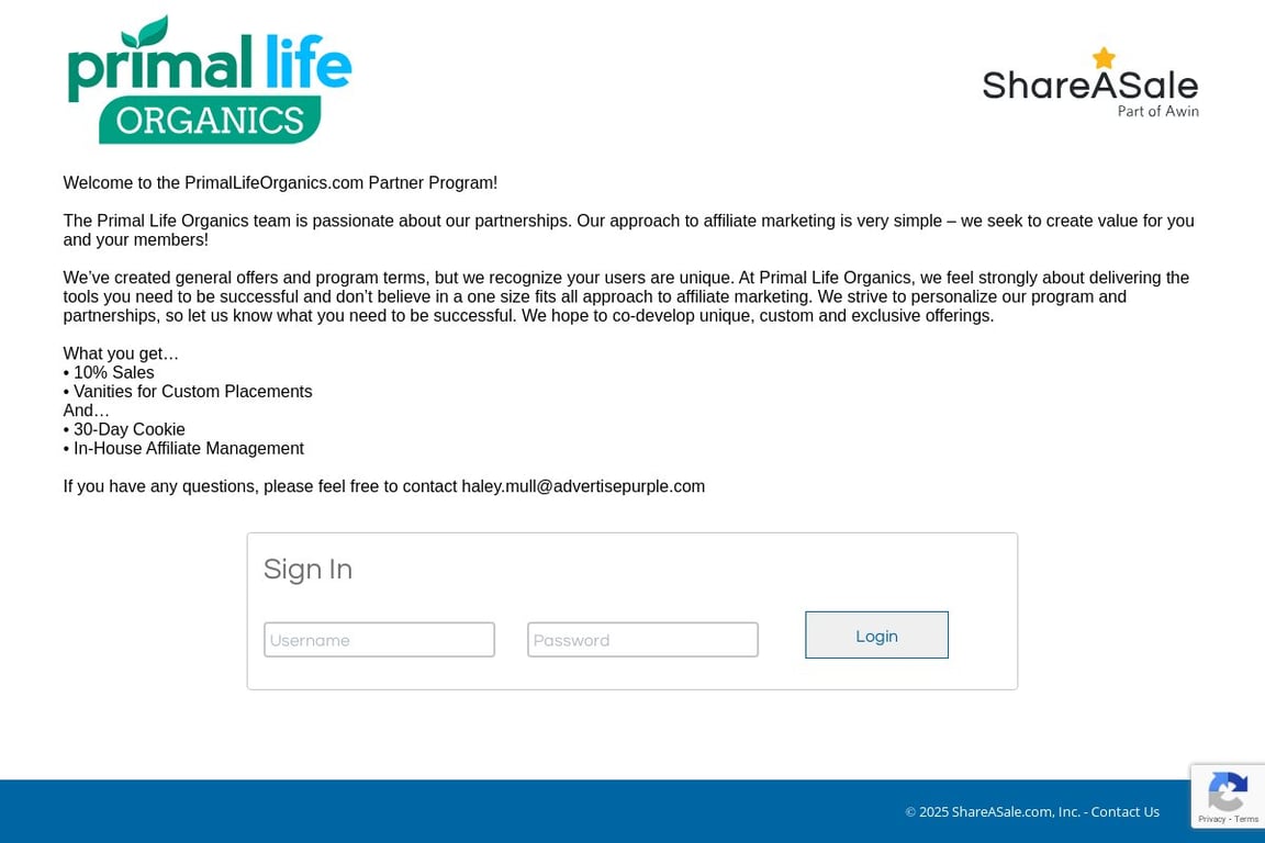 Primal Life Organics affiliate program signup page
