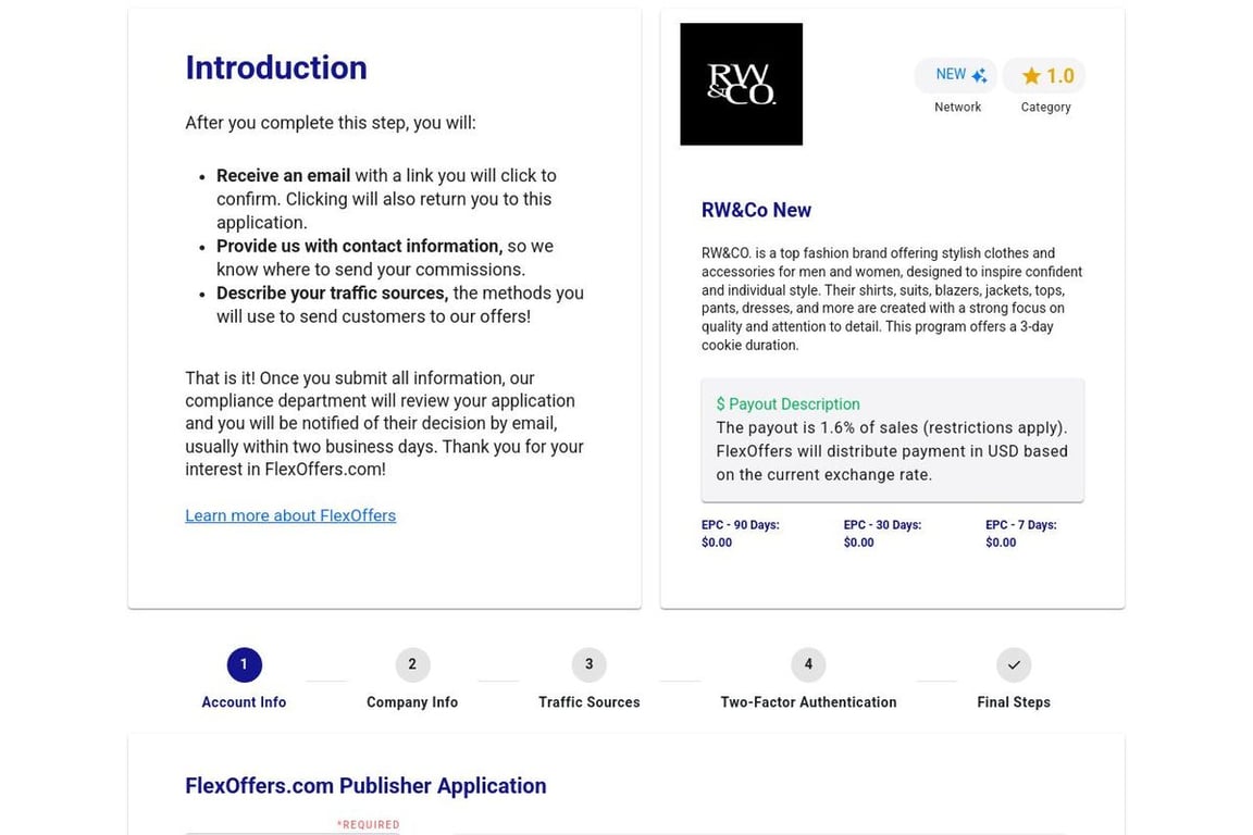 RW&Co New affiliate program signup page