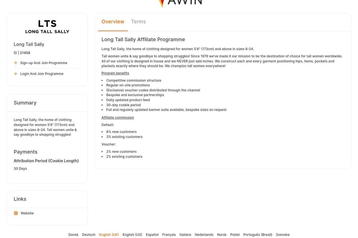 Long Tall Sally affiliate program signup page