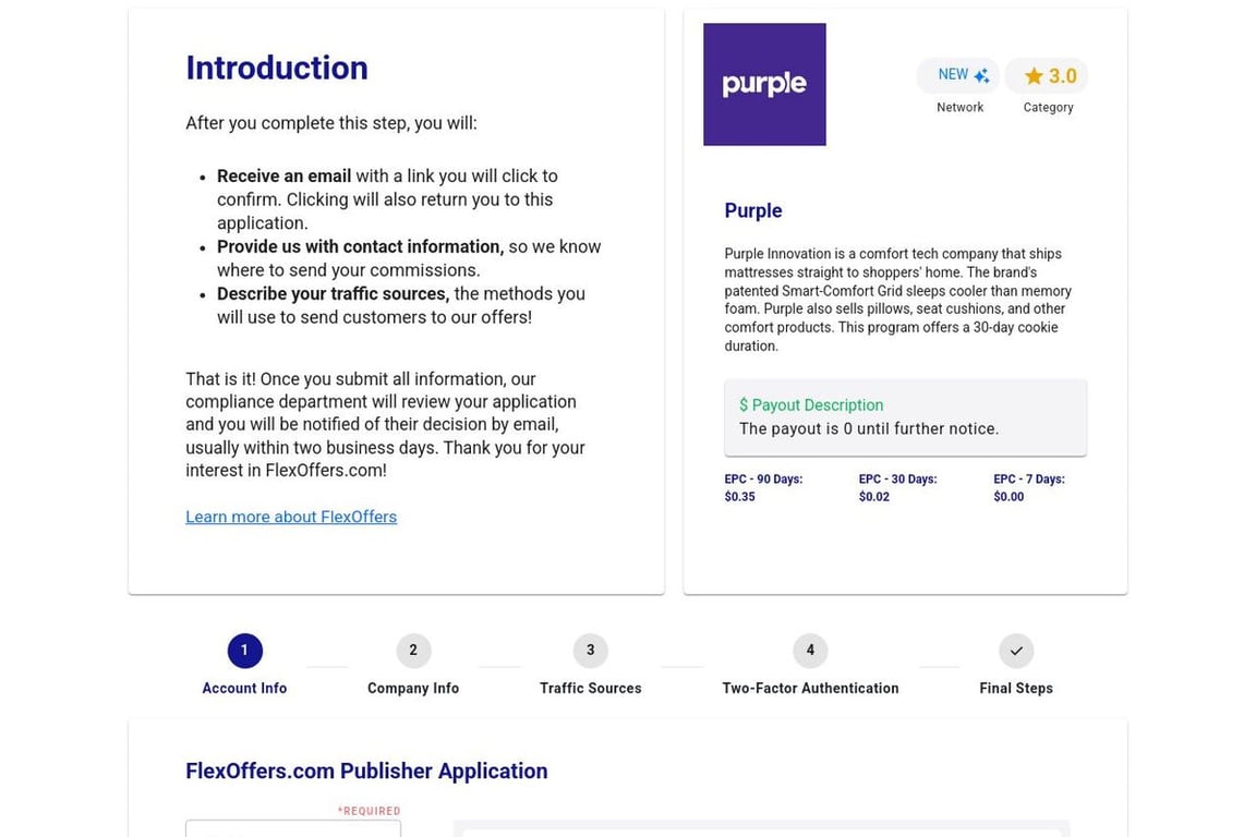Purple affiliate program signup page