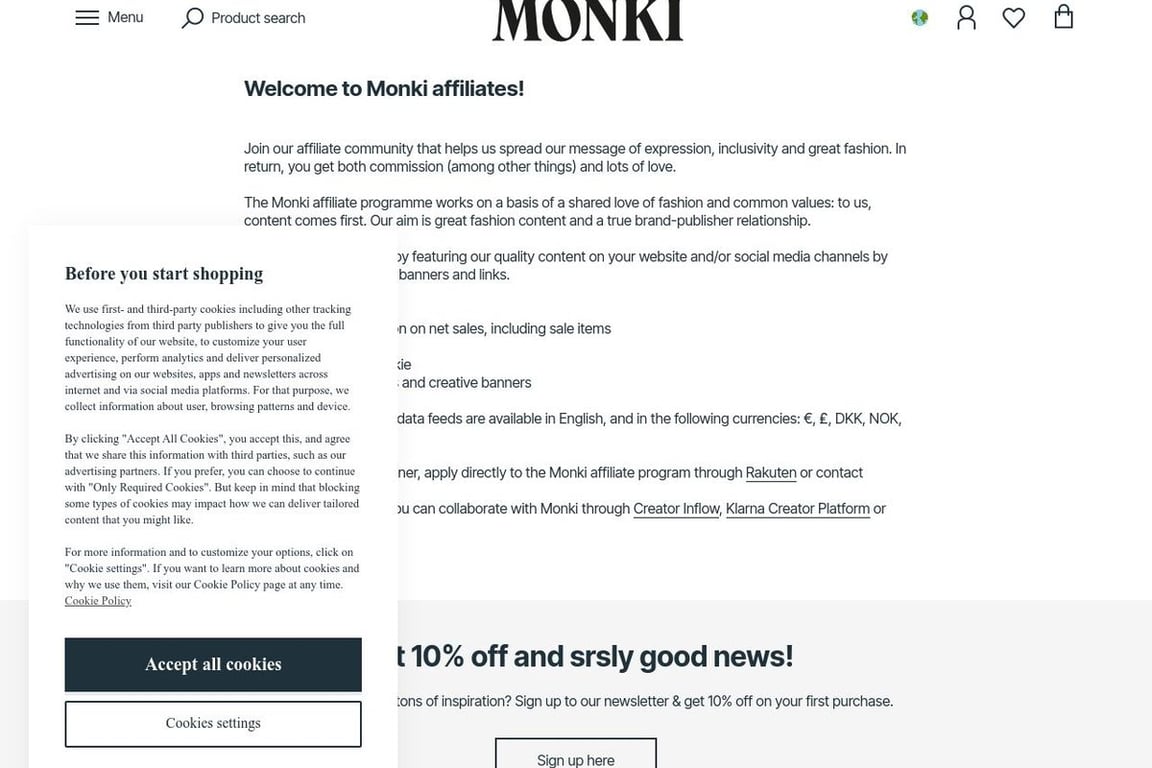 Monki Fitness affiliate program signup page