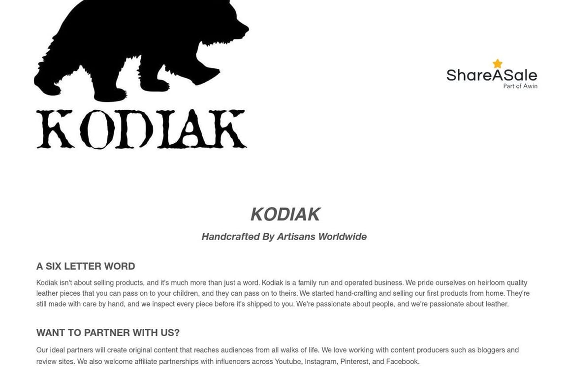 Kodiak Leather Co. affiliate program signup page