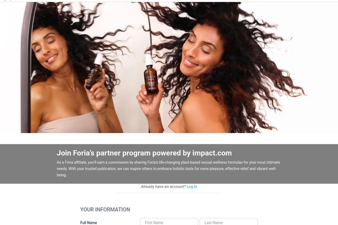 Foria affiliate program signup page