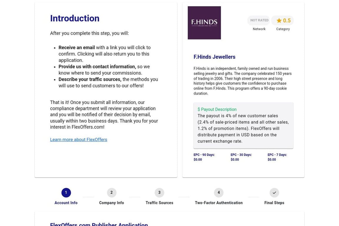 F.Hinds Jewellers affiliate program signup page