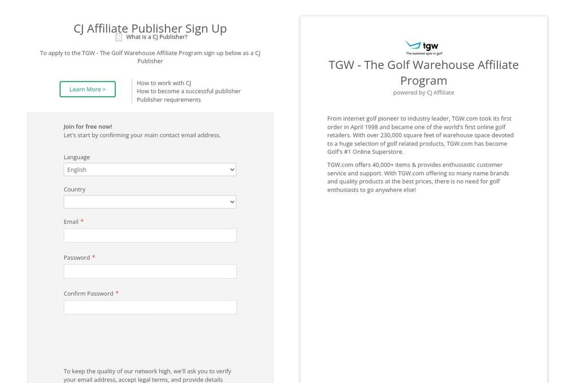 The Golf Warehouse affiliate program signup page