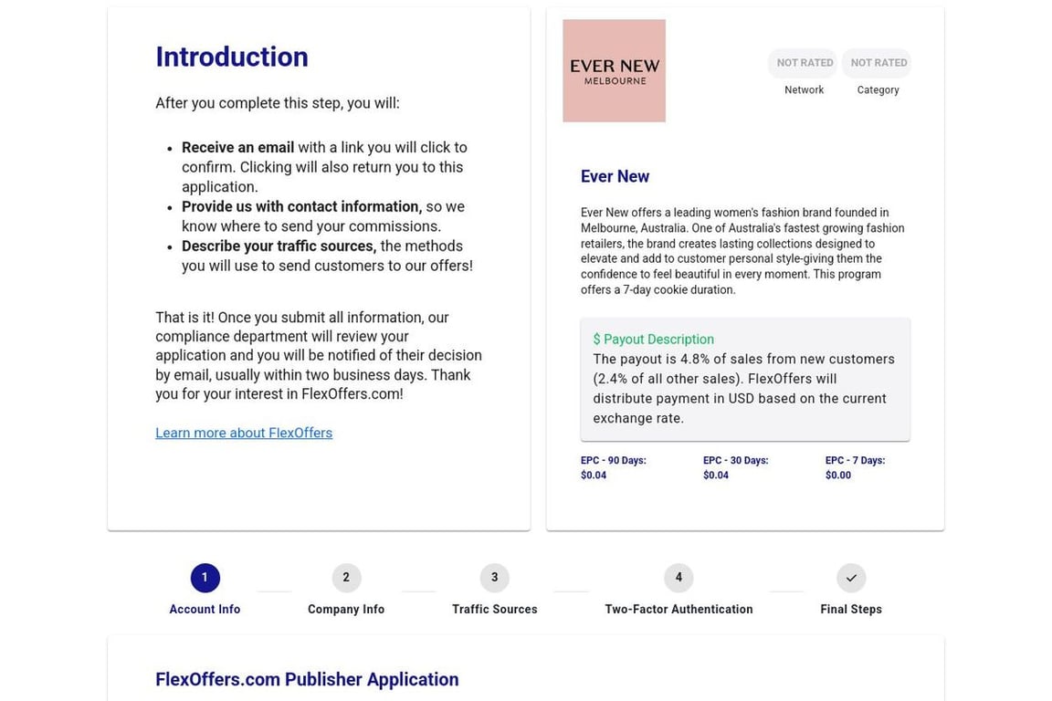 Ever New affiliate program signup page