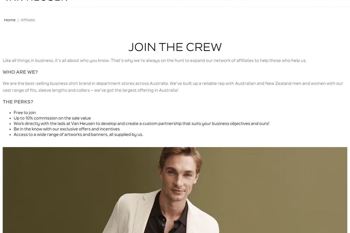 Van Heusen affiliate program signup page