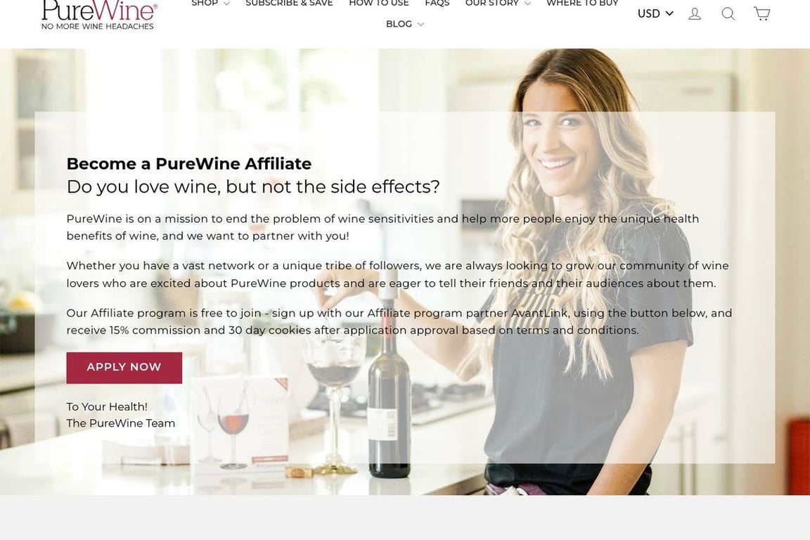 PureWine affiliate program signup page